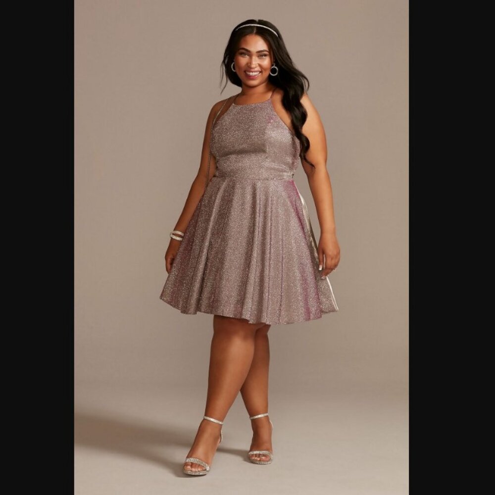Jules & Cleo NWT Plus Size Metallic Mini Dress Lace Up Back Pink High Neck Sz 18